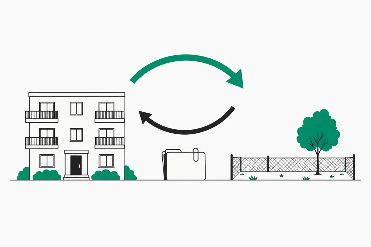 Line illustration of a three-story apartment building and a fenced plot of land with one tree, linked by a green arrow and a black arrow that loop between them, with a closed folder on the ground in the middle, representing a like-kind exchange of real property