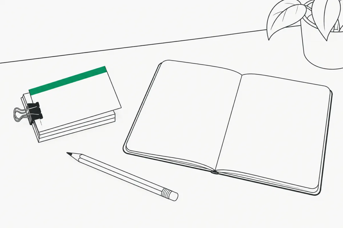 Line illustration of a small stack of blank index flashcards held by a binder clip, the top card marked with a green stripe, beside an open notebook and a pencil on a desk