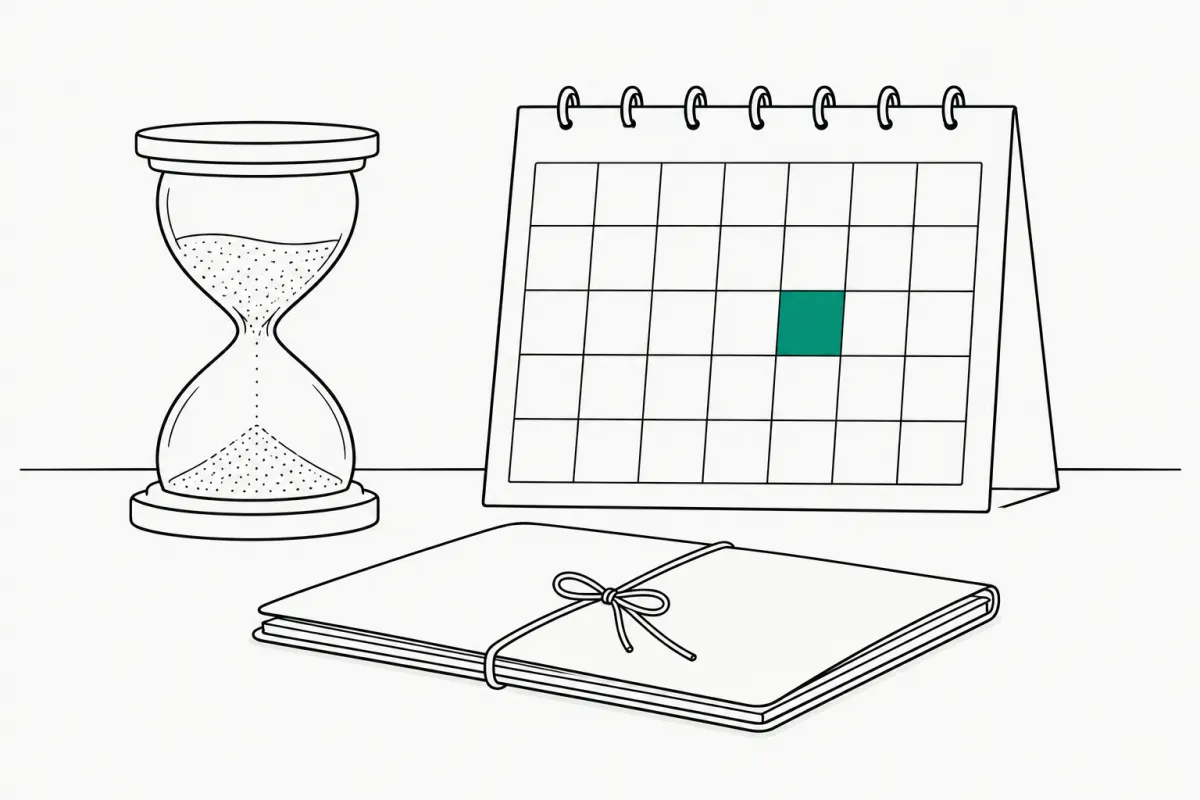 Line illustration of an hourglass beside a blank desk calendar with one square filled in green and a document folder tied with string, representing IRS deadlines and time limits
