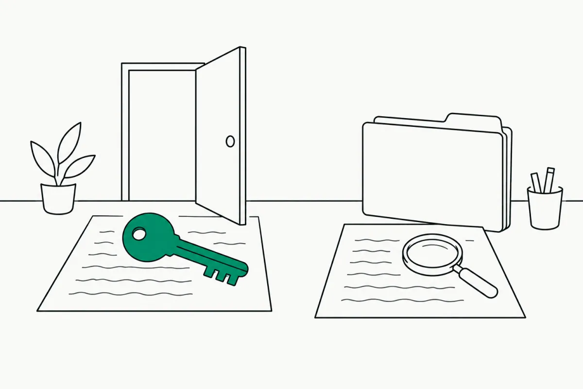 Line illustration of two documents on a desk: one with a green key beside an open door for full representation authority, one with a magnifying glass beside a closed folder for view-only access