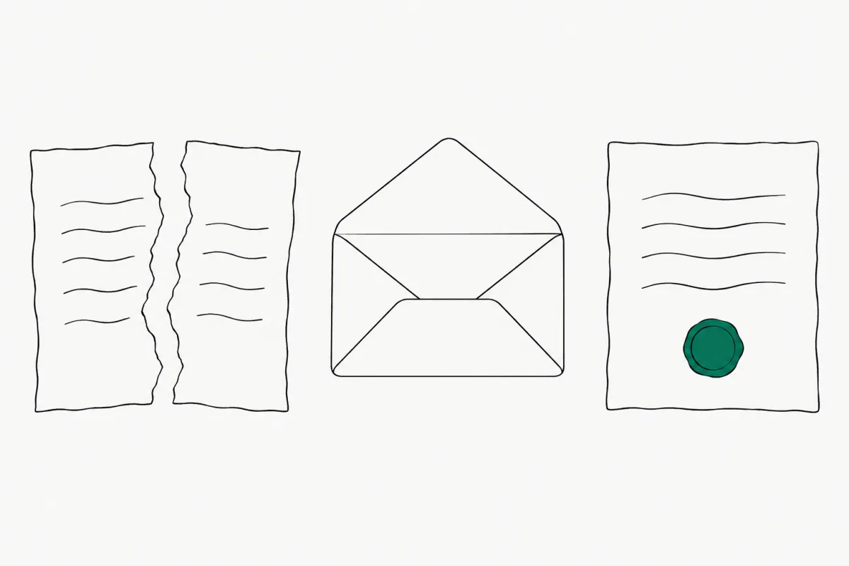 Line illustration of a torn old document, an open envelope, and a new document with a green wax seal, showing an authorization being revoked and replaced