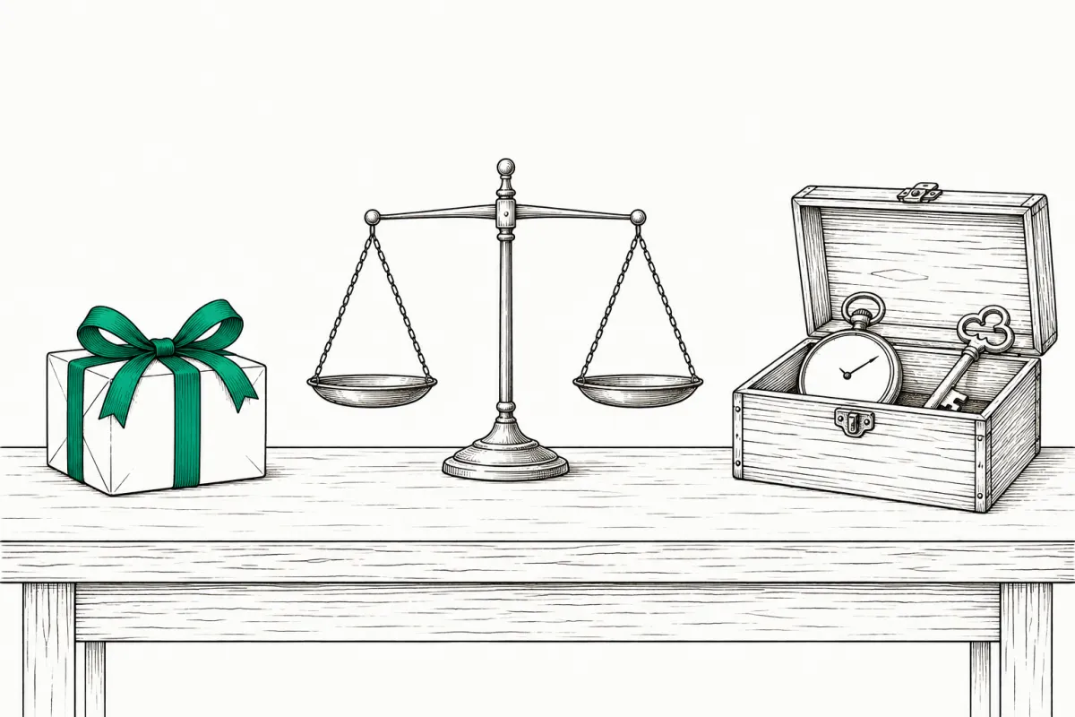 Line illustration of a wrapped gift box with a green ribbon and an open keepsake chest holding a pocket watch and key, set on either side of a level balance scale