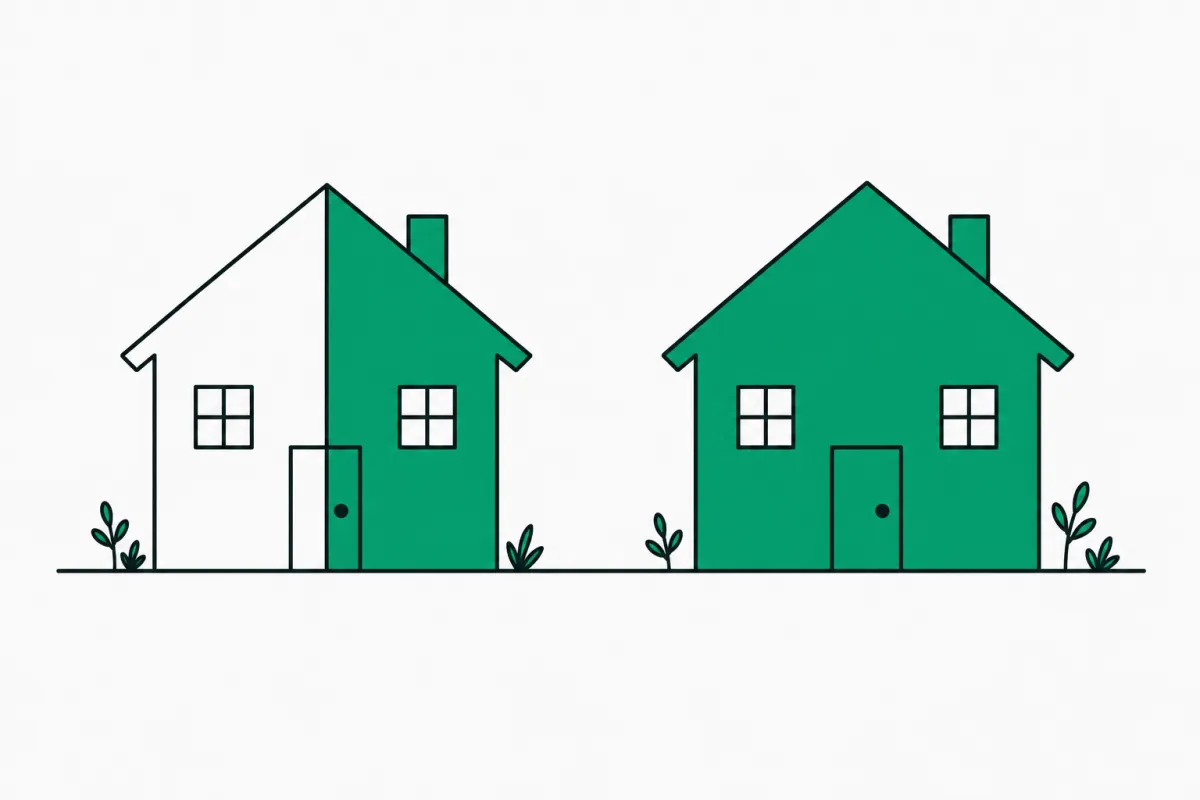 Line illustration of two small houses side by side, the first with only its right half shaded green and the second fully shaded green, showing a half step-up versus a full step-up in basis