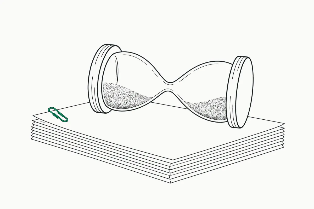 Line illustration of an hourglass lying on its side on a stack of papers held by a green paper clip, representing a paused IRS collection statute