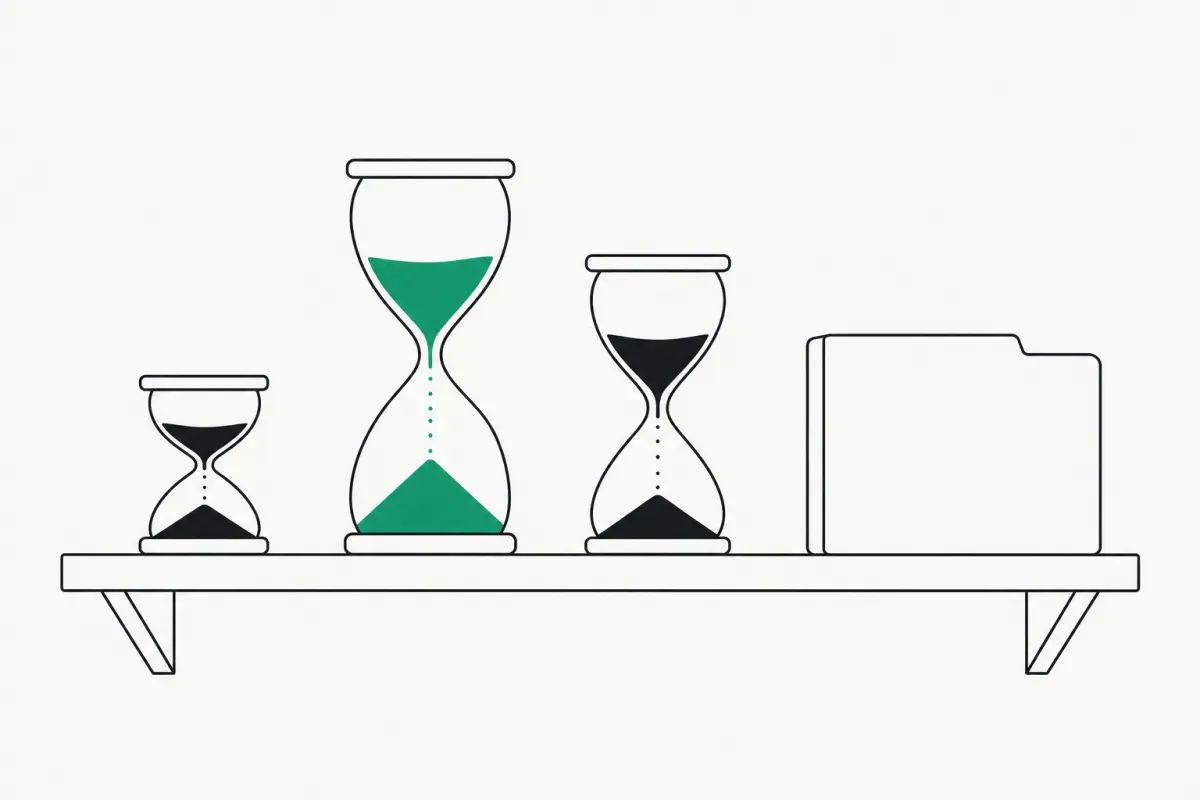 Line illustration of three hourglasses of different heights on a shelf beside a closed document folder, the tallest one in the middle filled with green sand, representing the separate IRS assessment, refund, and collection deadlines