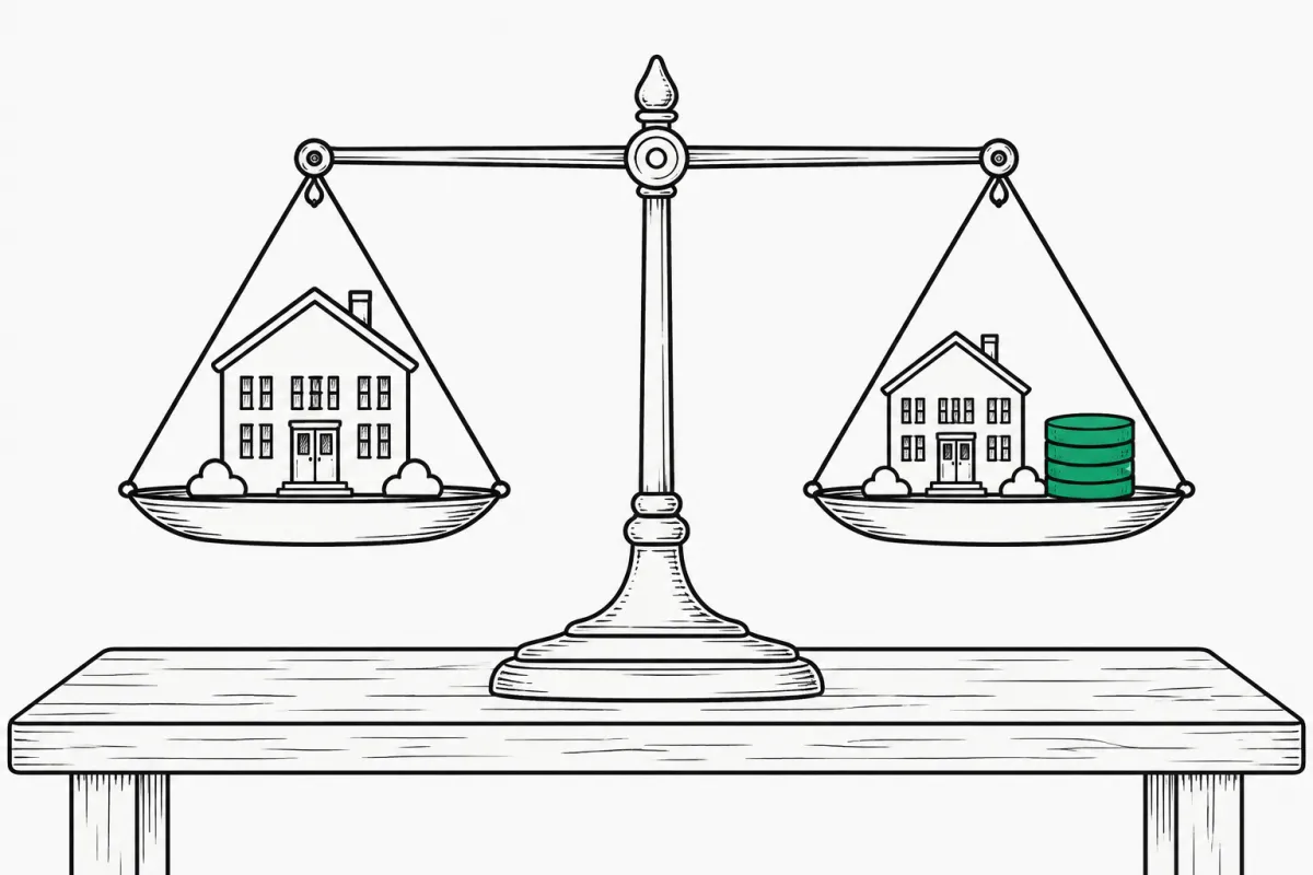 Line illustration of a level balance scale on a wooden table, a two-story building on one pan and a smaller building beside a short green stack of coins on the other, representing cash boot that evens out a property exchange