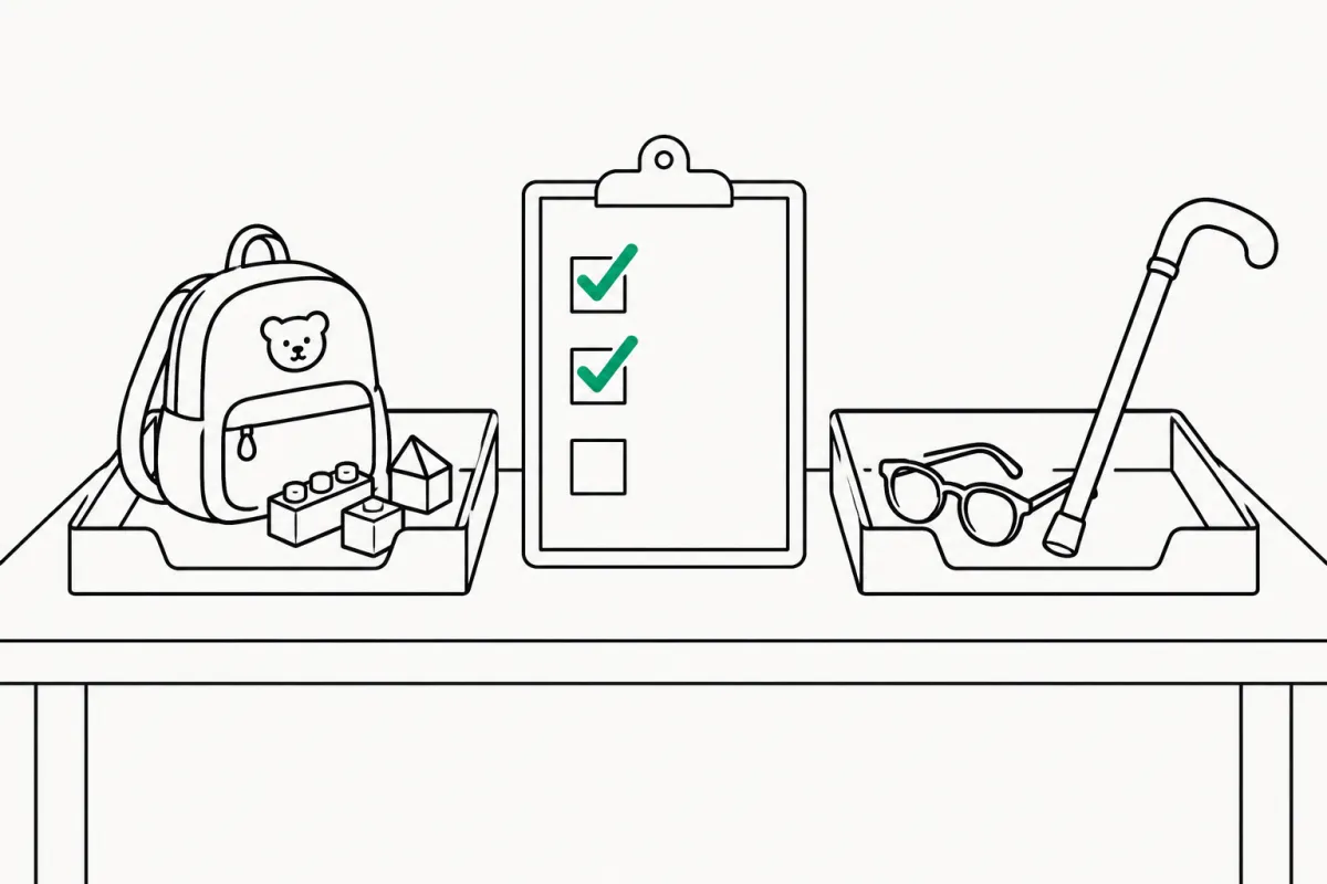 Line illustration of two desk trays, one with a child's backpack and toy blocks and one with reading glasses and a cane, beside a clipboard with green check marks