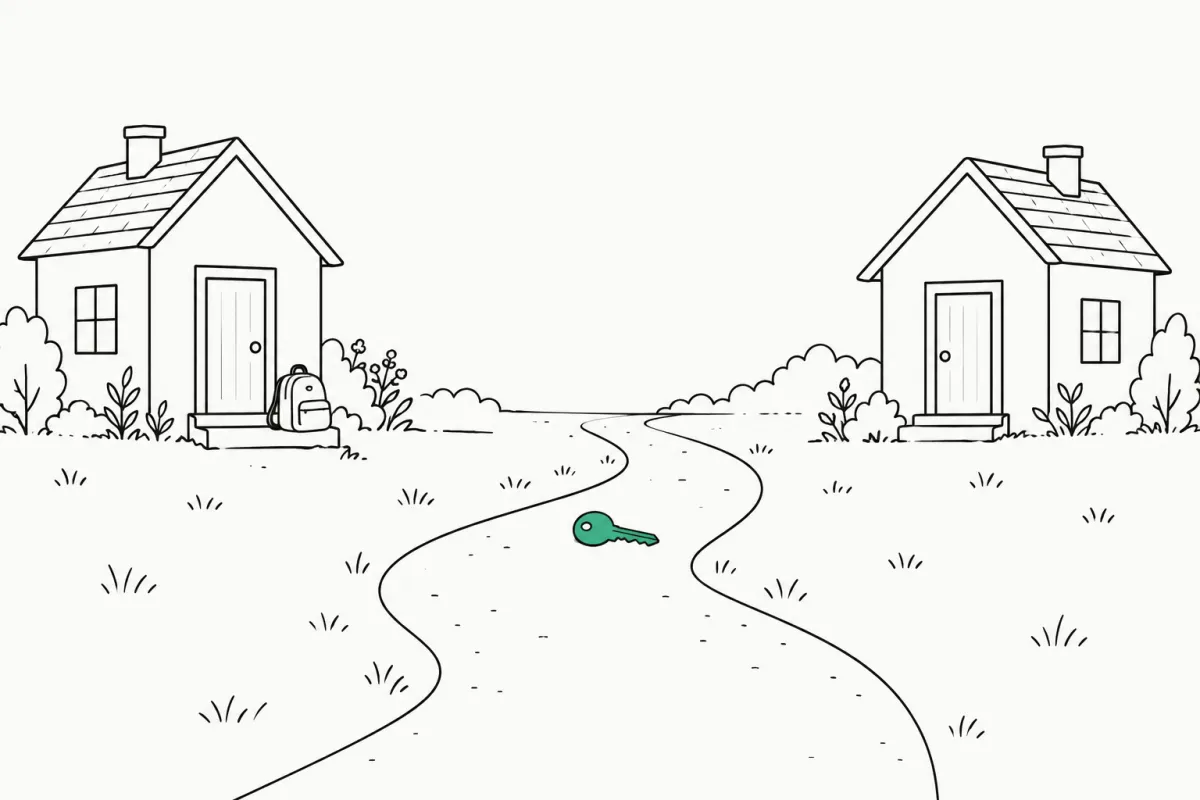 Line illustration of two small houses on either side of a winding path, a child's backpack by one door and a green key on the path between them