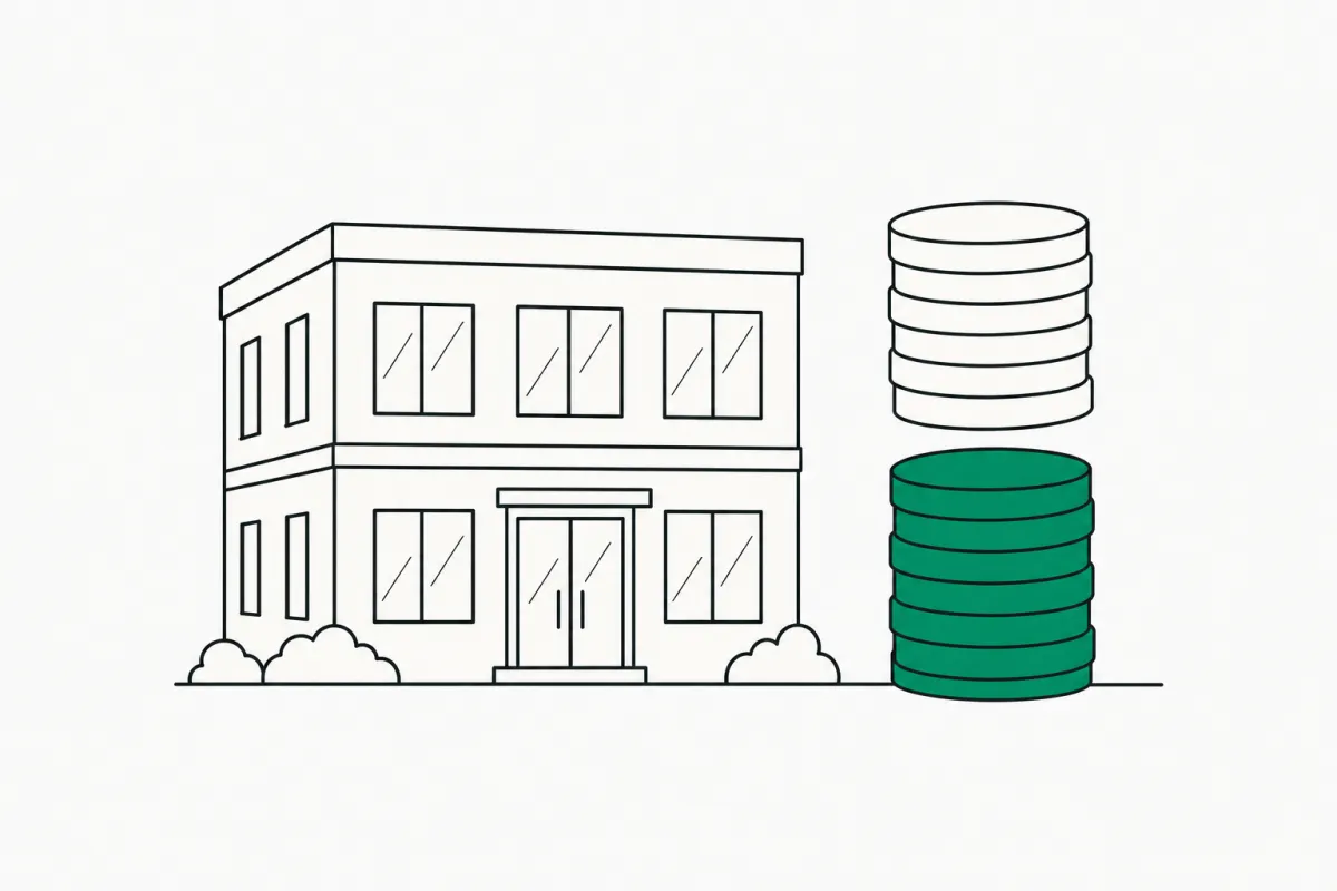 Line illustration of a small two-story office building beside a stack of coins split into two layers, the lower layer green, showing a building sale gain divided into a depreciation portion and the remaining gain