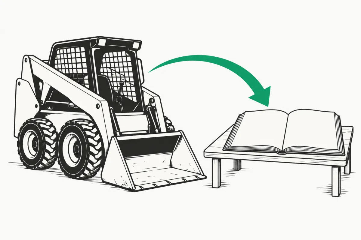 Line illustration of a small skid steer loader beside an open ledger, with a green arrow curving from the machine back into the ledger pages to show past depreciation being recaptured at sale
